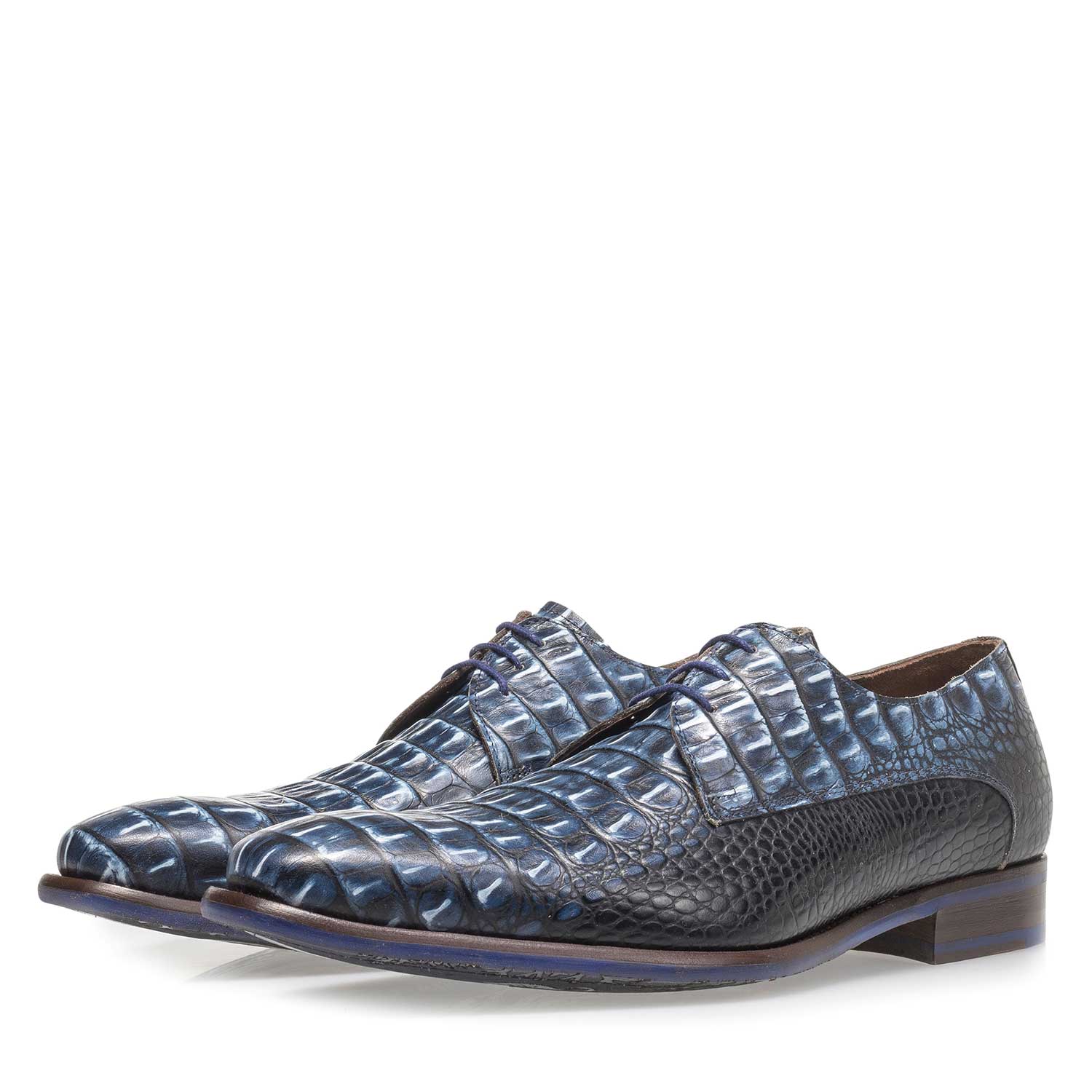 18159/06 - Blauwe leren veterschoen met crocoprint 18159/06 - Blauwe leren veterschoen met crocoprint