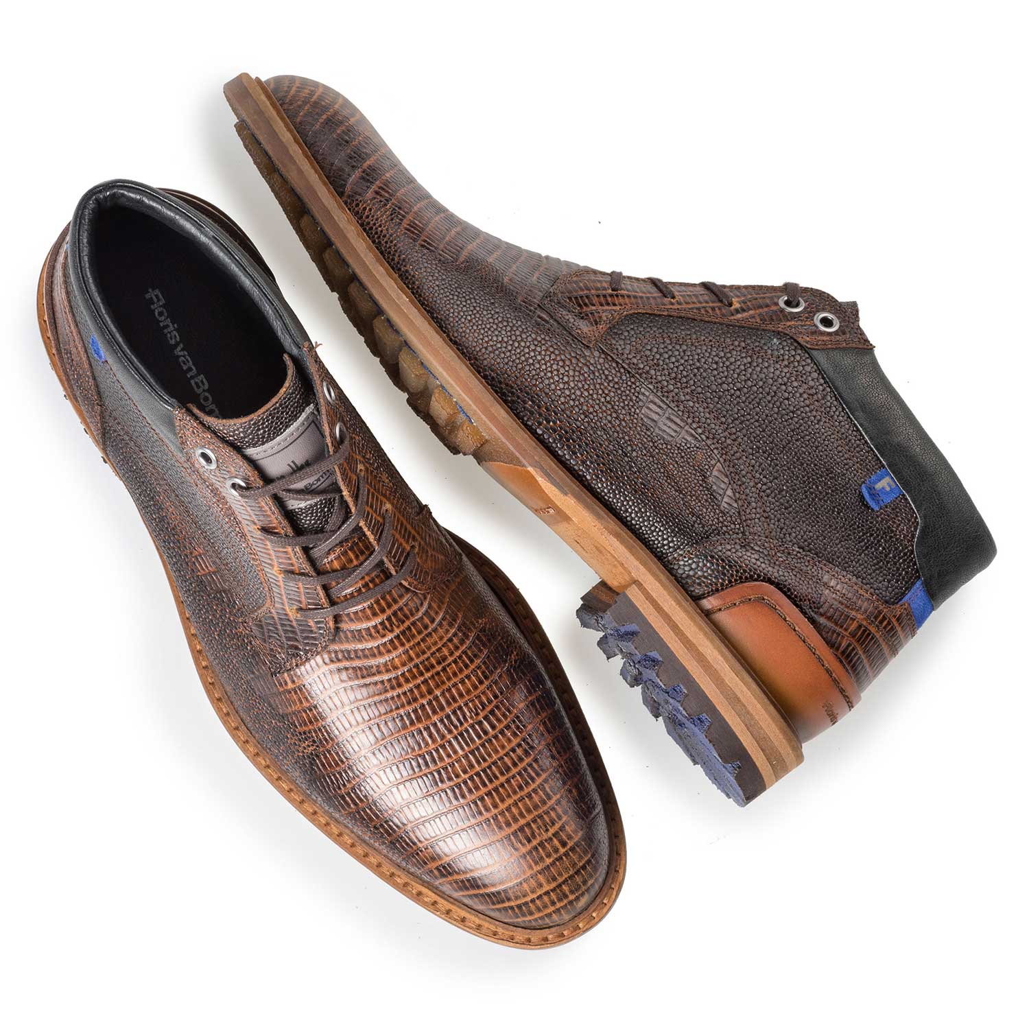 10228/00 - Cognac leren veterboot met lizard print 10228/00 - Cognac leren veterboot met lizard print