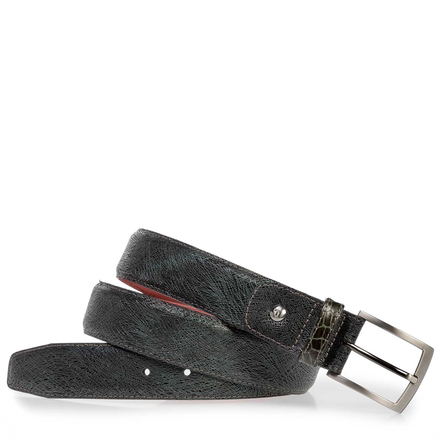 75188/47 - Donkergroene leren riem met metallicprint 75188/47 - Donkergroene leren riem met metallicprint