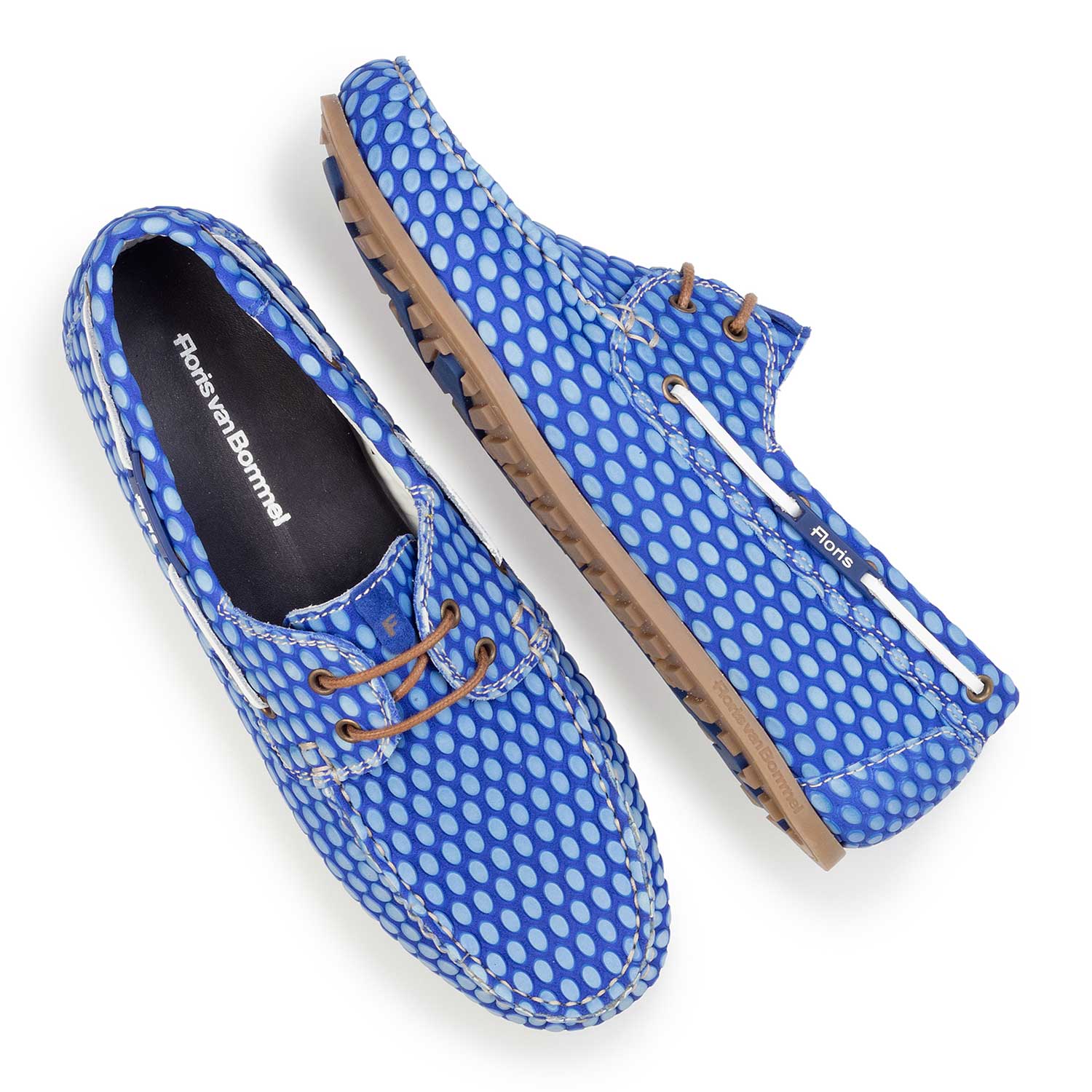 15055/02 - Kobaltblauwe leren bootschoen met print 15055/02 - Kobaltblauwe leren bootschoen met print
