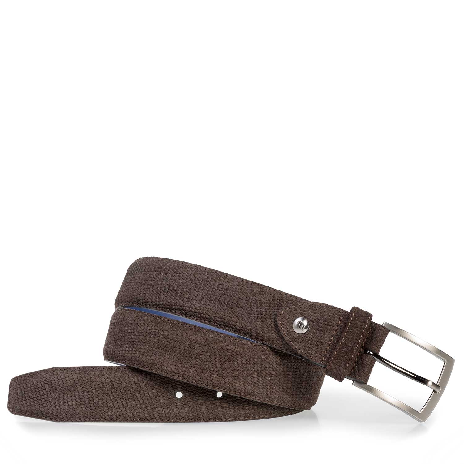 75201/56 - Donkerbruine suède riem met print 75201/56 - Donkerbruine suède riem met print