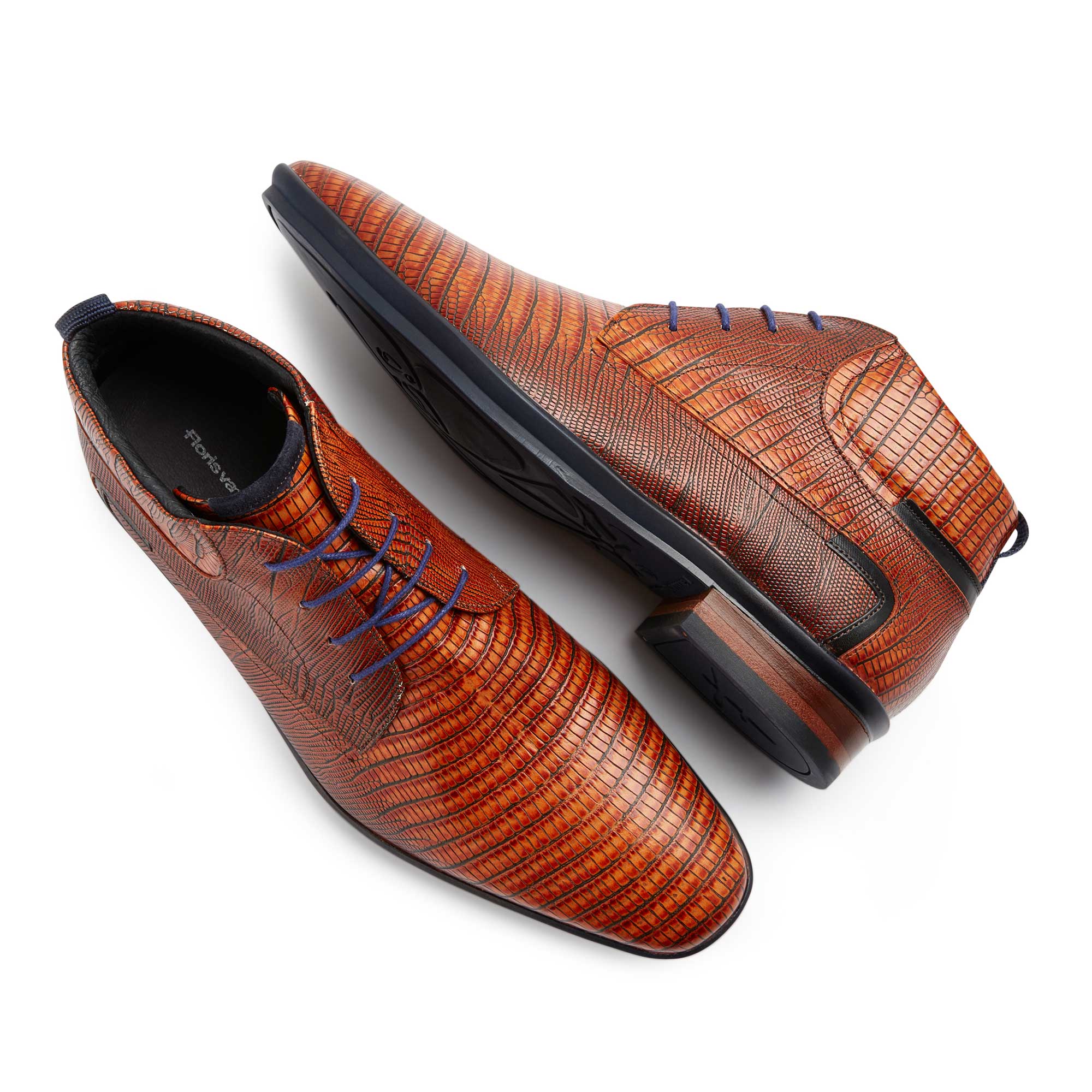 10879/00 - Floris van Bommel cognac lace boot with lizard print 10879/00 - Floris van Bommel cognac lace boot with lizard print