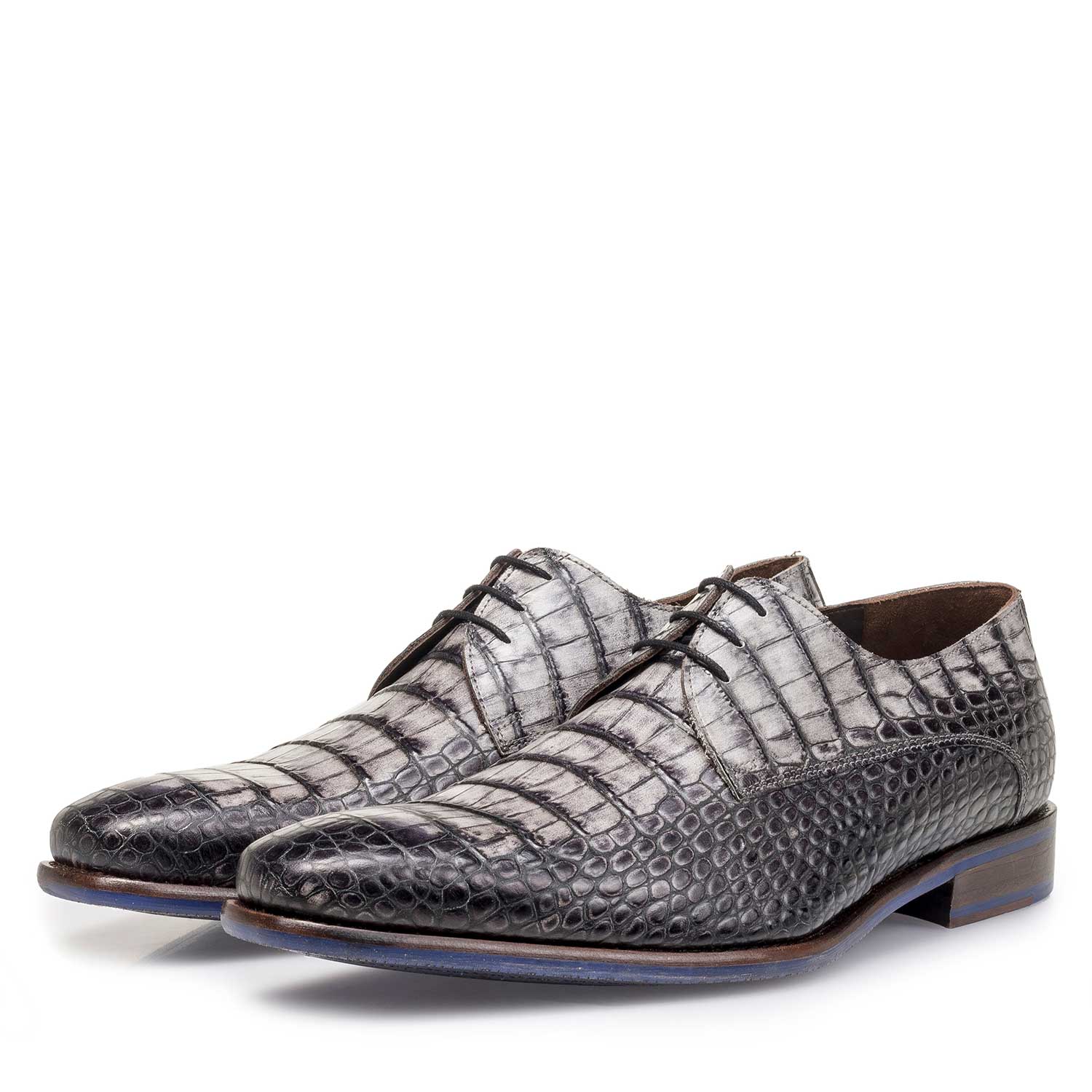14204/14 - Grijze kalfsleren veterschoen met crocoprint 14204/14 - Grijze kalfsleren veterschoen met crocoprint