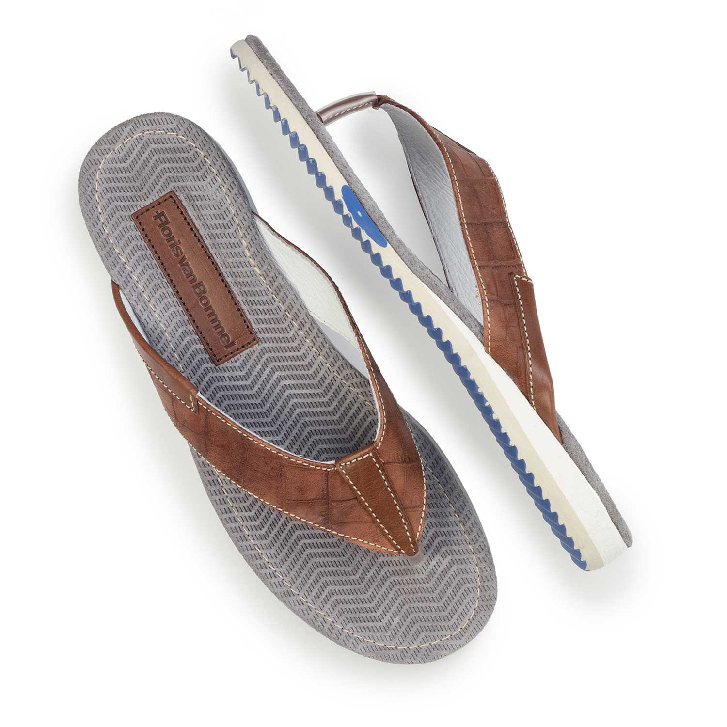 20022/20 - Cognac-coloured leather thong slipper with croco print 20022/20 - Cognac-coloured leather thong slipper with croco print