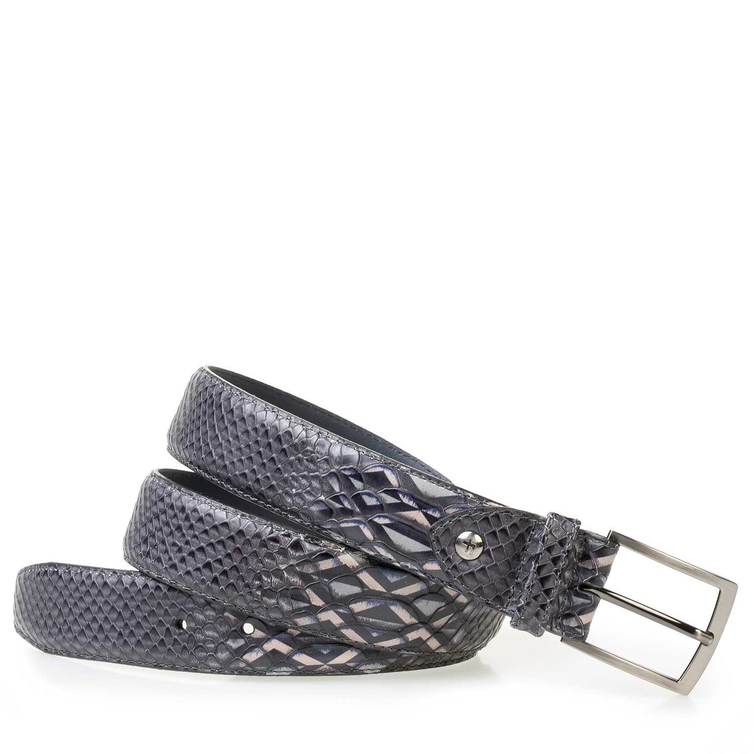 75200/28 - Grijze kalfsleren riem met dessin 75200/28 - Grijze kalfsleren riem met dessin
