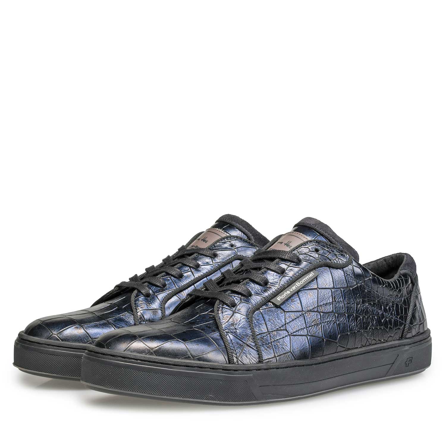 13214/04 - Blauwe leren sneaker met crocoprint 13214/04 - Blauwe leren sneaker met crocoprint