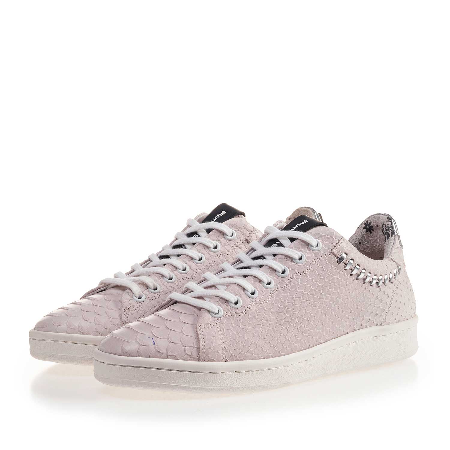 85251/03 - Lichtroze nubuckleren sneaker met snakeprint 85251/03 - Lichtroze nubuckleren sneaker met snakeprint