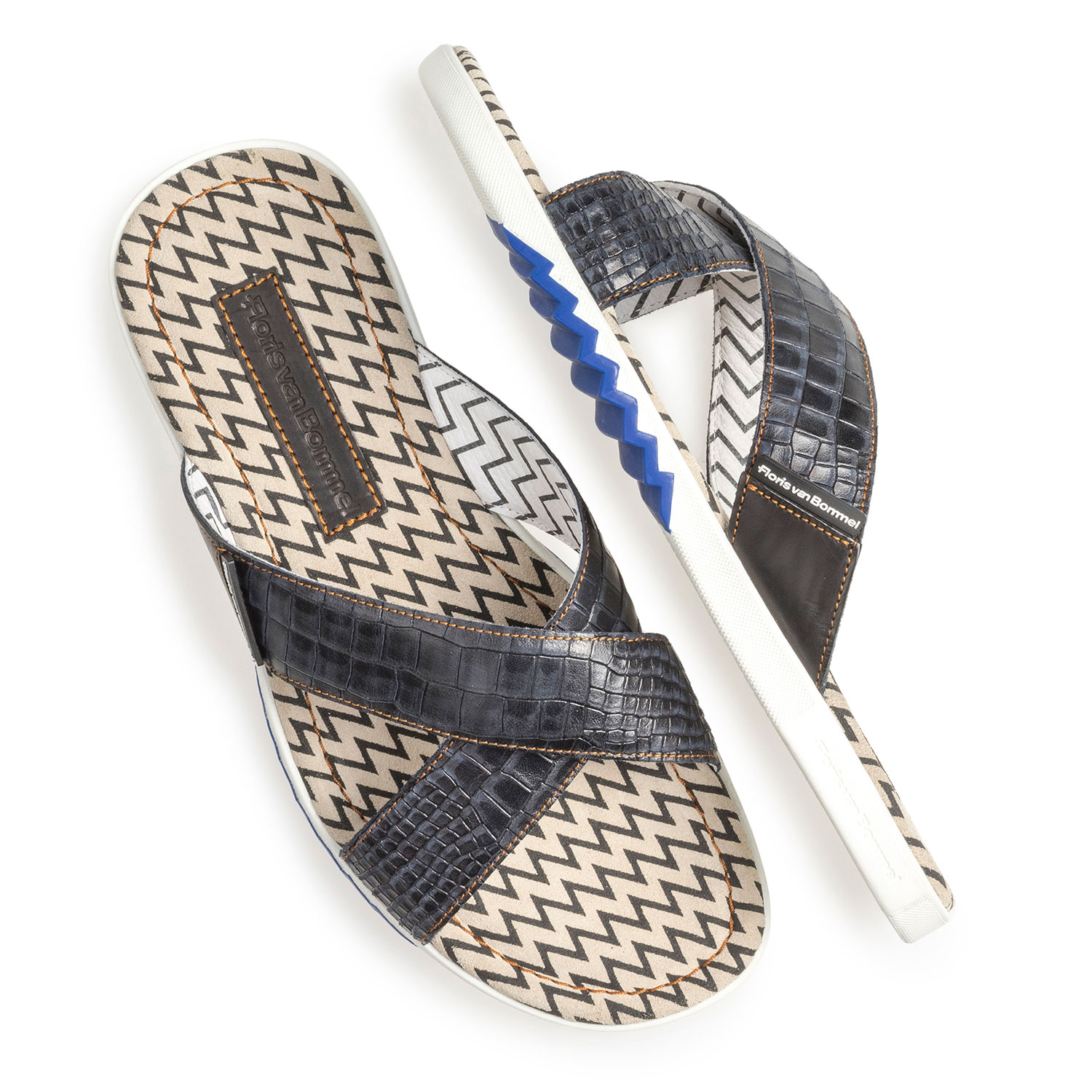 20200/12 - Donkerblauwe nubuckleren kruisband slipper met print 20200/12 - Donkerblauwe nubuckleren kruisband slipper met print