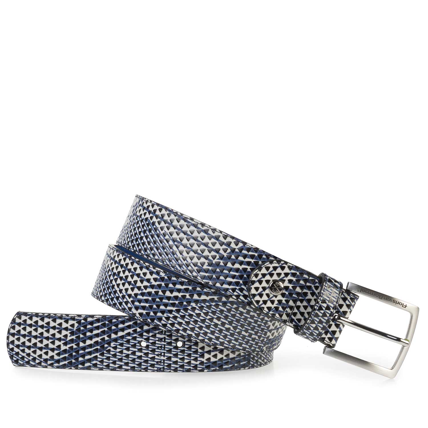 75184/09 - Blauw/witte leren riem met dessin 75184/09 - Blauw/witte leren riem met dessin