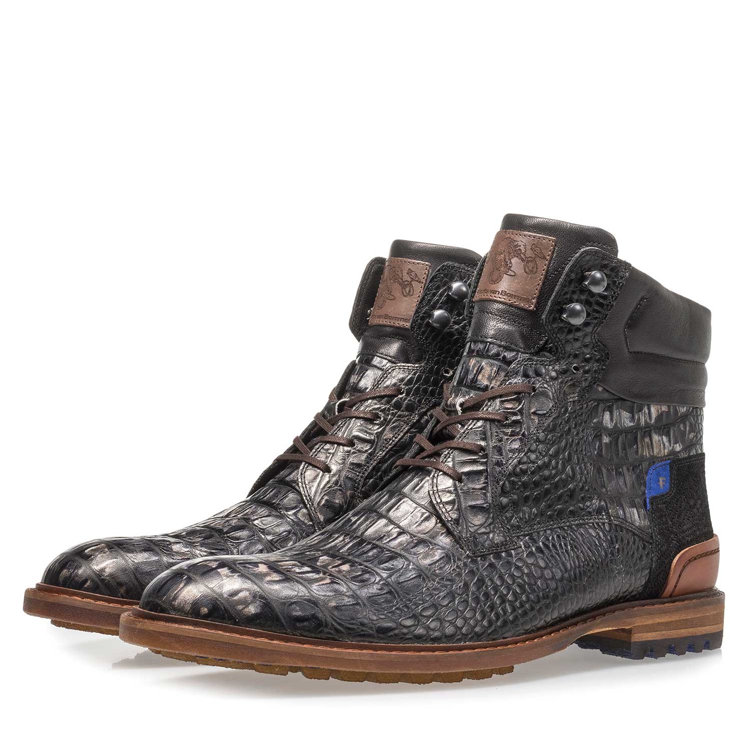 10234/17 - Zwarte leren veterboot met crocoprint 10234/17 - Zwarte leren veterboot met crocoprint
