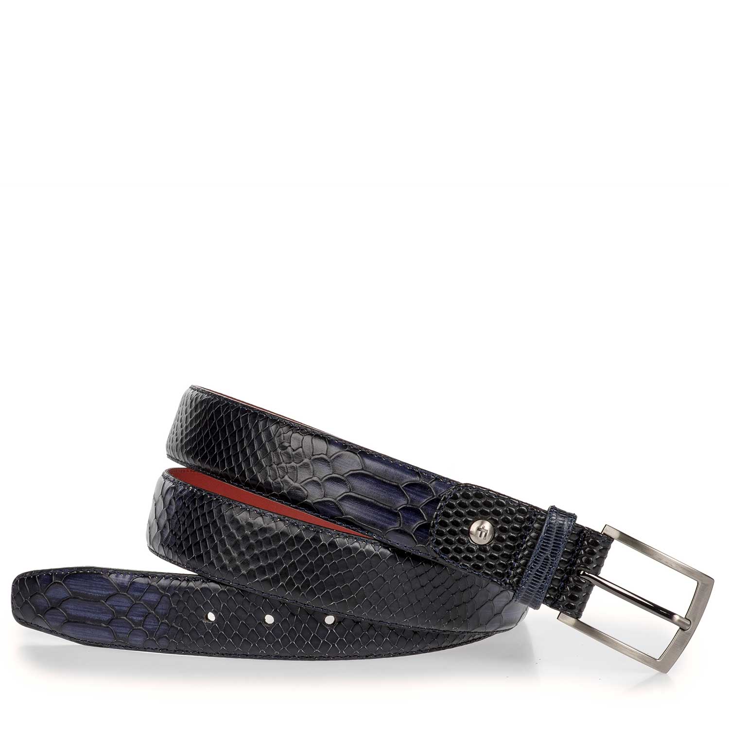 75188/12 - Blauwe leren riem met snakeprint 75188/12 - Blauwe leren riem met snakeprint