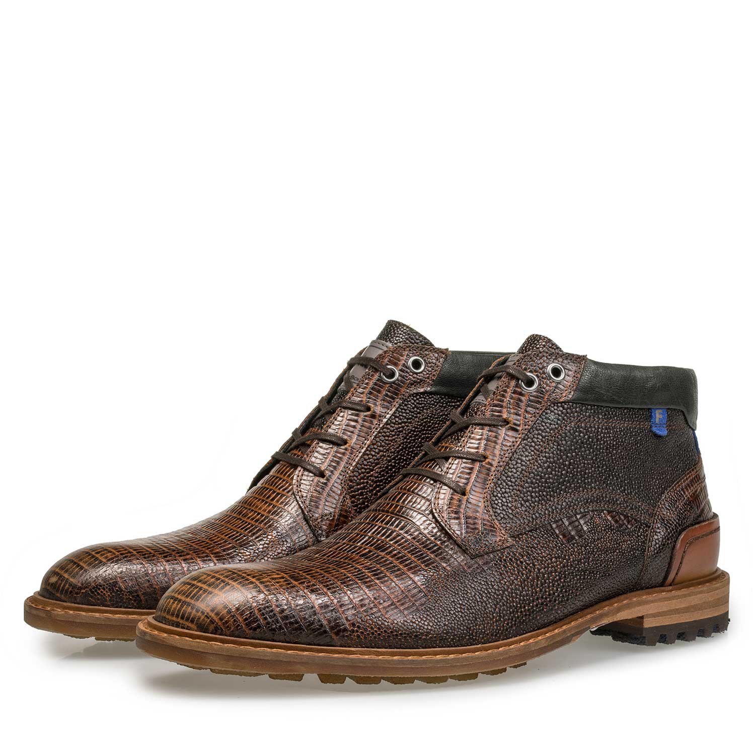 10228/00 - Cognac leren veterboot met lizard print 10228/00 - Cognac leren veterboot met lizard print