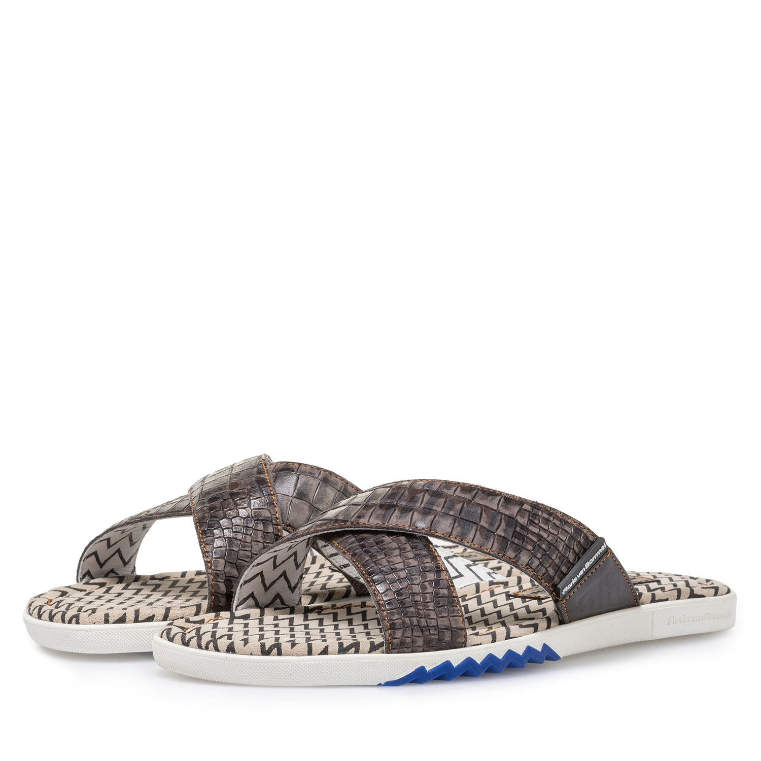 20200/11 - Donkergrijze nubuckleren kruisband slipper met print 20200/11 - Donkergrijze nubuckleren kruisband slipper met print