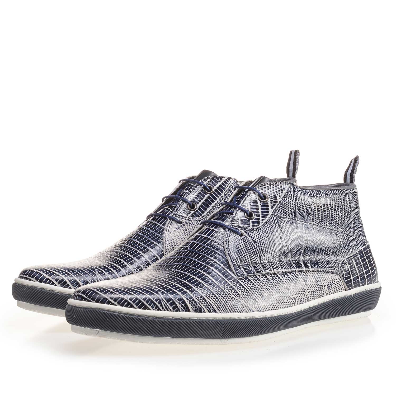 10949/01 - Blauwe veterboot van leer met lizardprint 10949/01 - Blauwe veterboot van leer met lizardprint