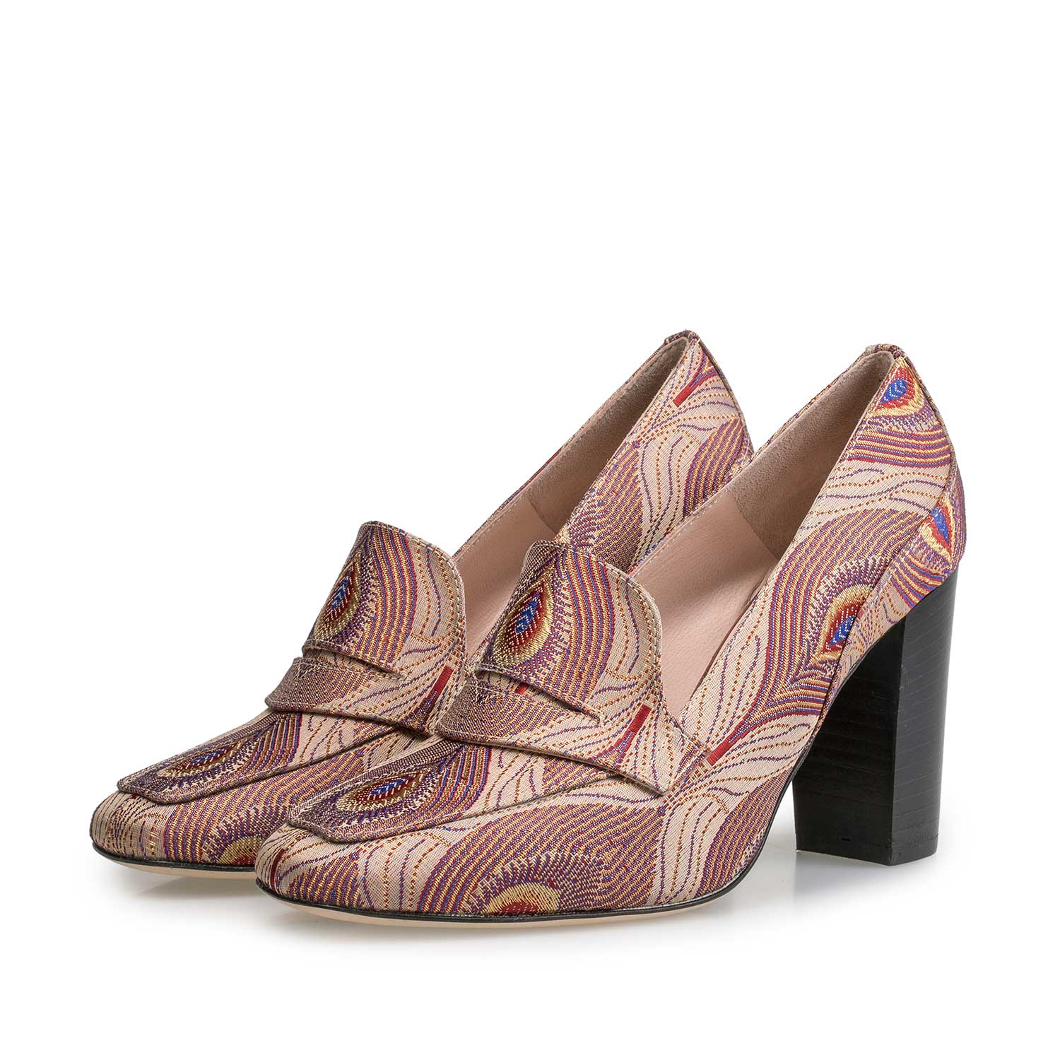 85505/06 - High heels with dark red peacock print 85505/06 - High heels with dark red peacock print