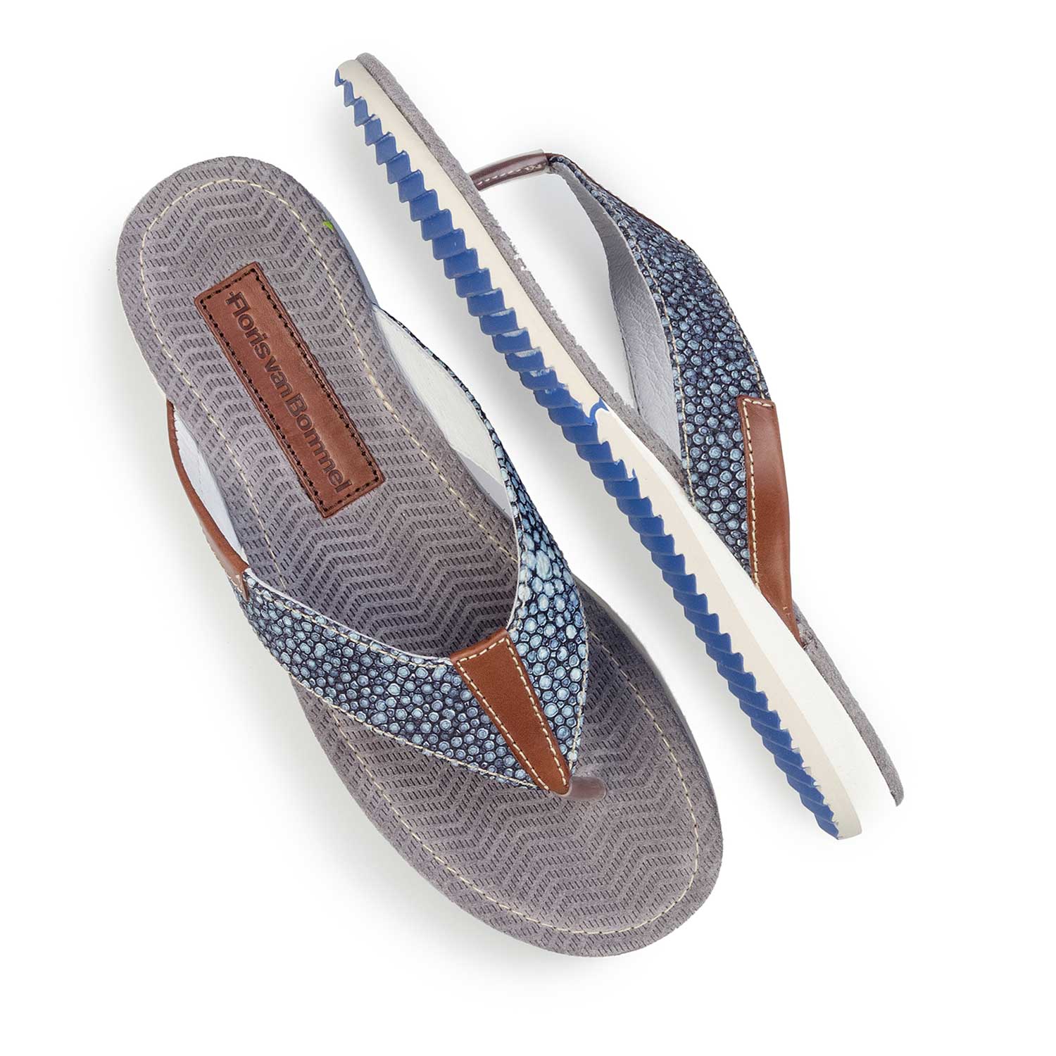 20022/19 - Blauwe leren teenslipper met dessin 20022/19 - Blauwe leren teenslipper met dessin