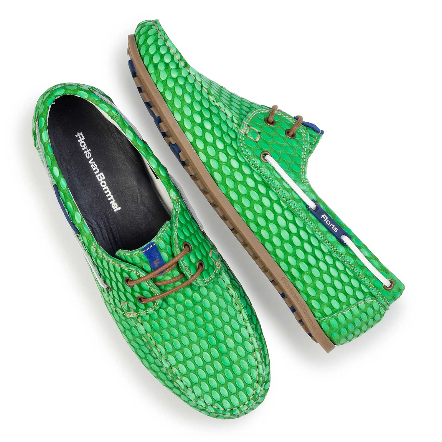 15055/00 - Groene leren bootschoen met print 15055/00 - Groene leren bootschoen met print