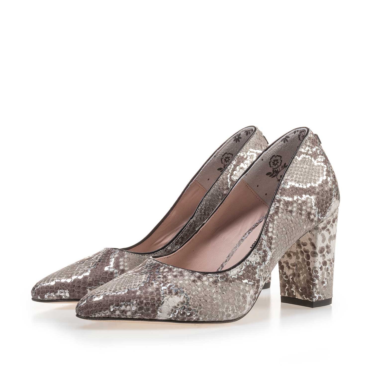 85227/01 - Taupekleurige leren pump met snakeprint 85227/01 - Taupekleurige leren pump met snakeprint