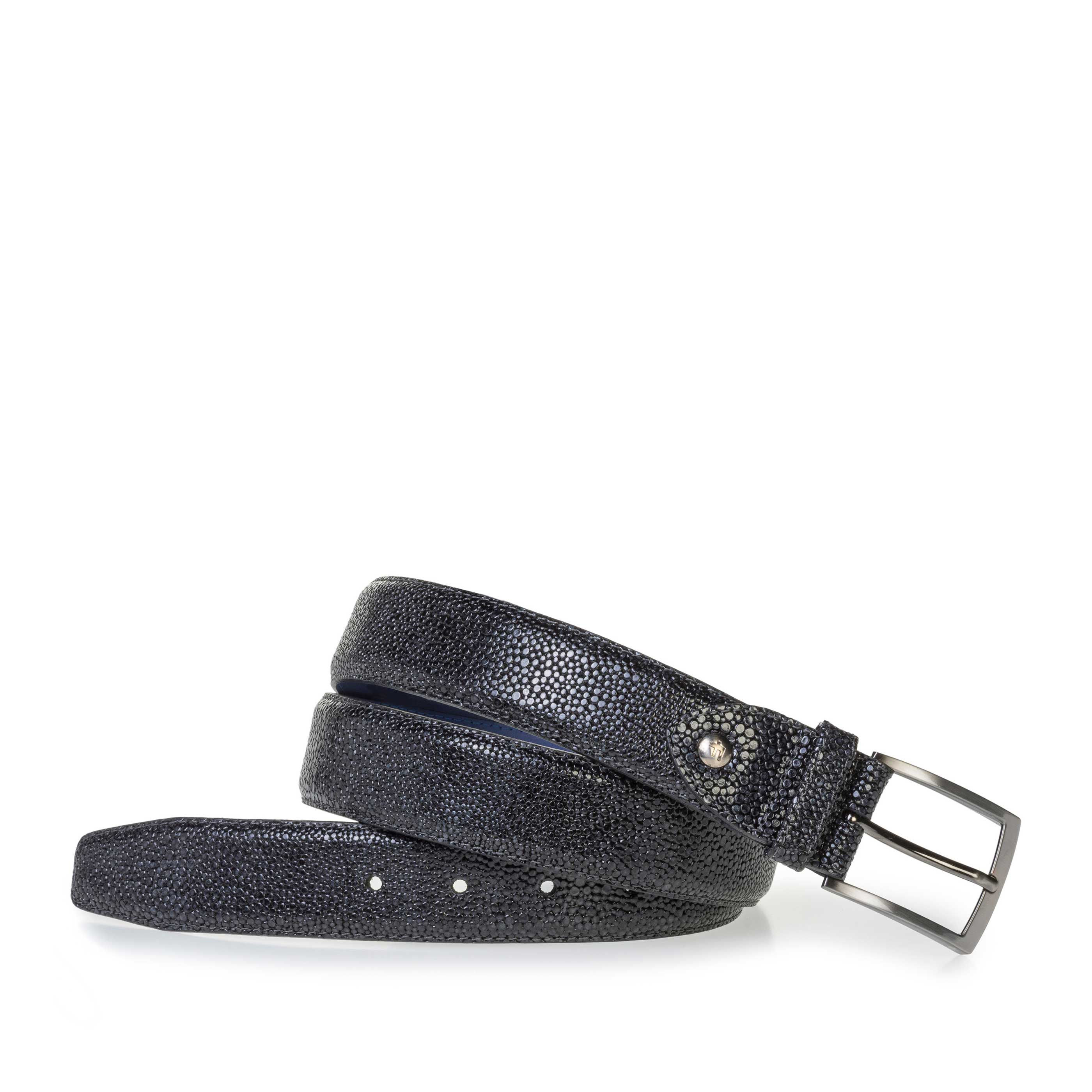 75200/91 - Blauwe leren riem met metallicprint 75200/91 - Blauwe leren riem met metallicprint