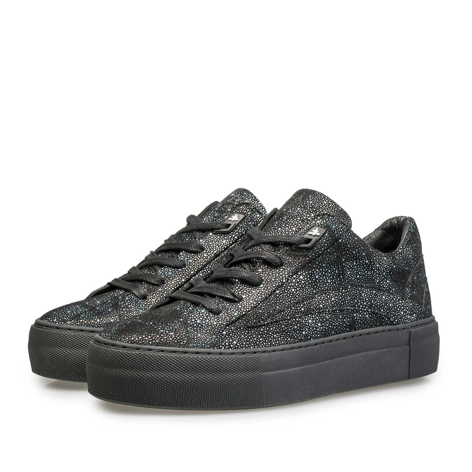 85252/03 - Leren sneaker met zwart/blauwe ruitenpatroon 85252/03 - Leren sneaker met zwart/blauwe ruitenpatroon