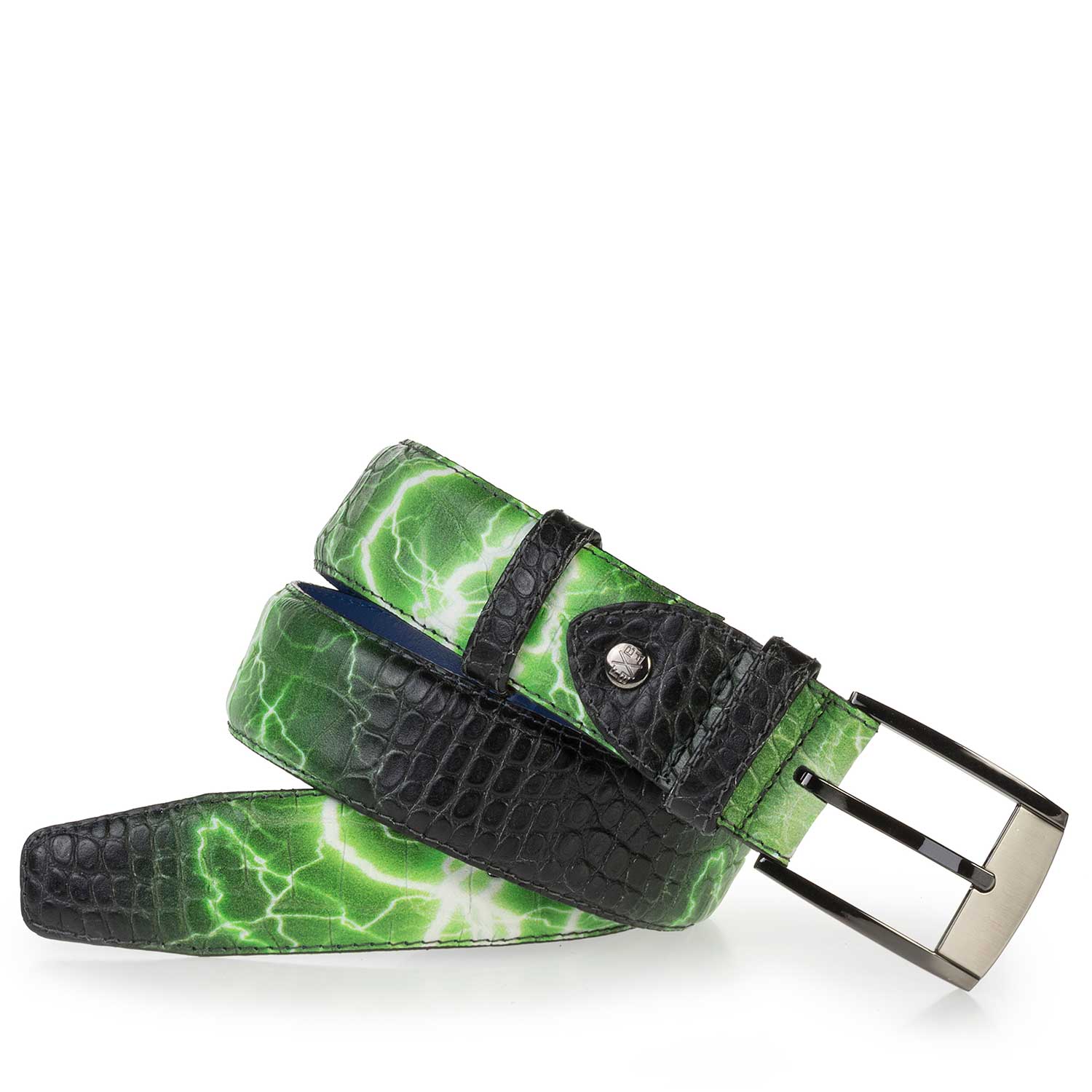 75180/24 - Premium groene leren riem met bliksemprint 75180/24 - Premium groene leren riem met bliksemprint