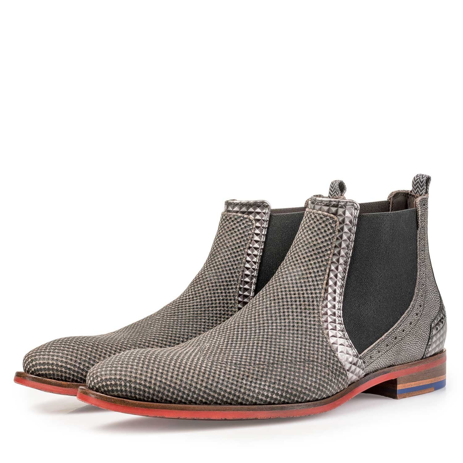 10455/07 - Suède chelsea boot taupe met miniprint 10455/07 - Suède chelsea boot taupe met miniprint