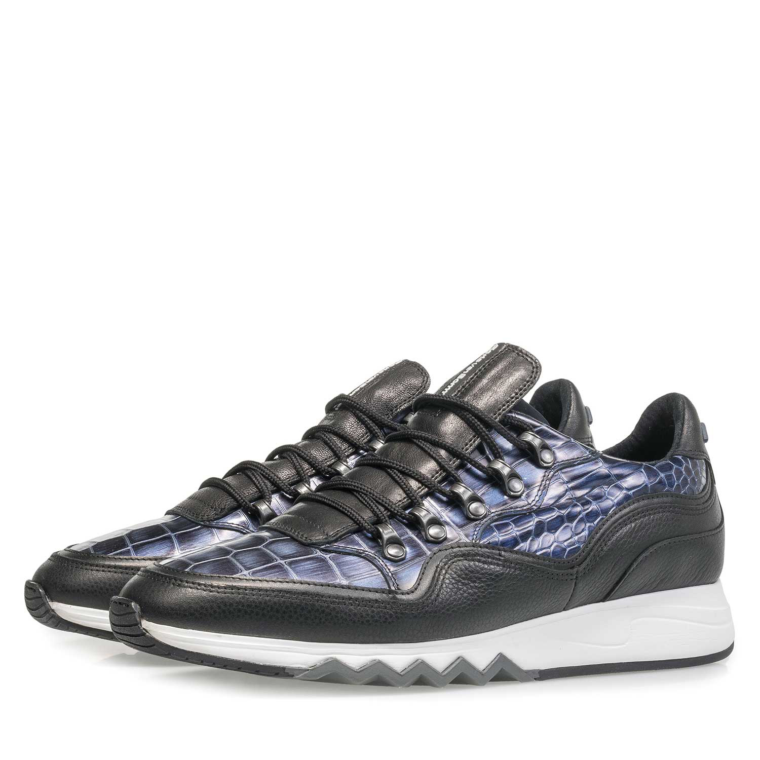 16394/00 - Premium blauwe metallic leren sneaker met print 16394/00 - Premium blauwe metallic leren sneaker met print