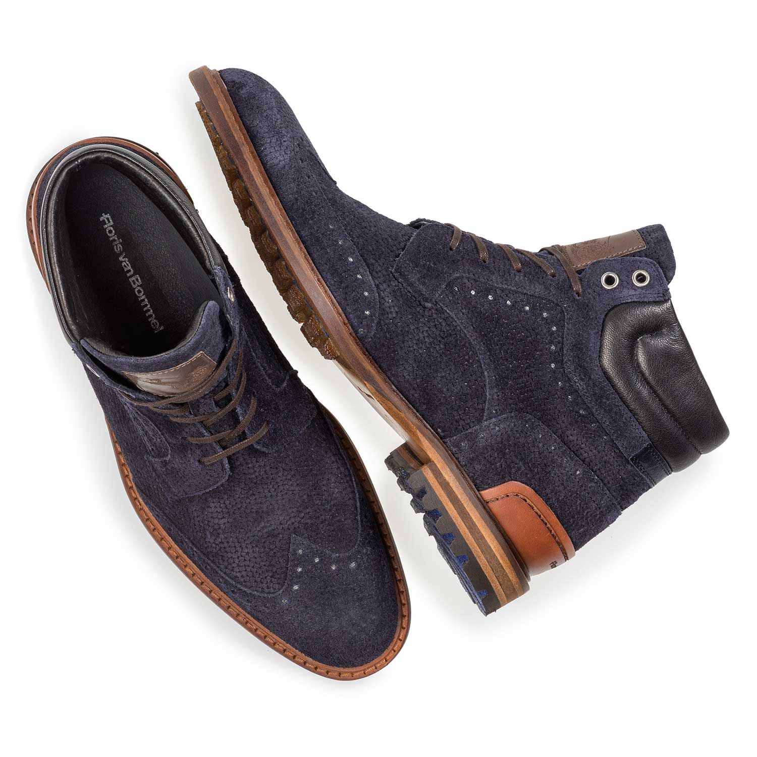 10816/02 - Donkerblauwe suède veterboot met print 10816/02 - Donkerblauwe suède veterboot met print