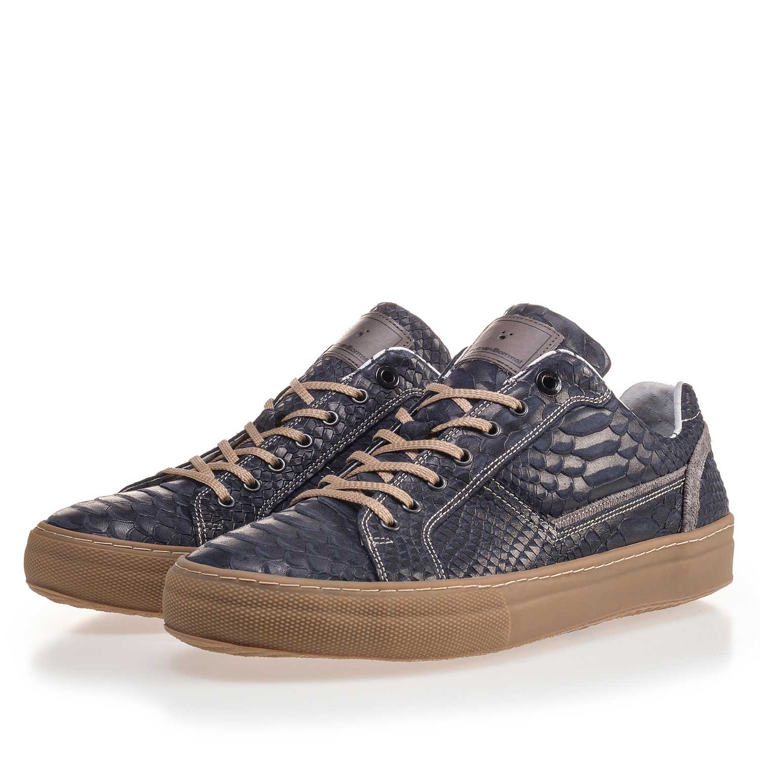 14448/14 - Donkerblauwe leren sneaker met snakeprint 14448/14 - Donkerblauwe leren sneaker met snakeprint