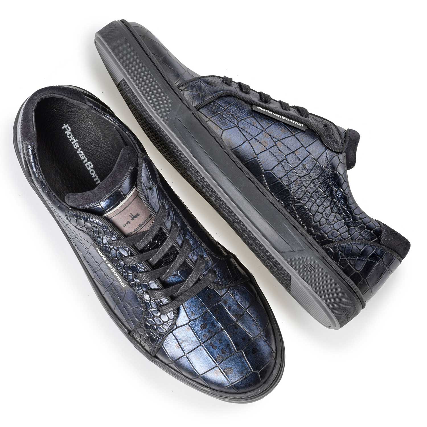 13214/04 - Blauwe leren sneaker met crocoprint 13214/04 - Blauwe leren sneaker met crocoprint