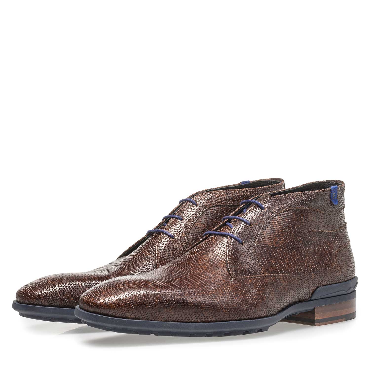 10629/07 - Donkerbruine leren veterboot met lizardprint 10629/07 - Donkerbruine leren veterboot met lizardprint