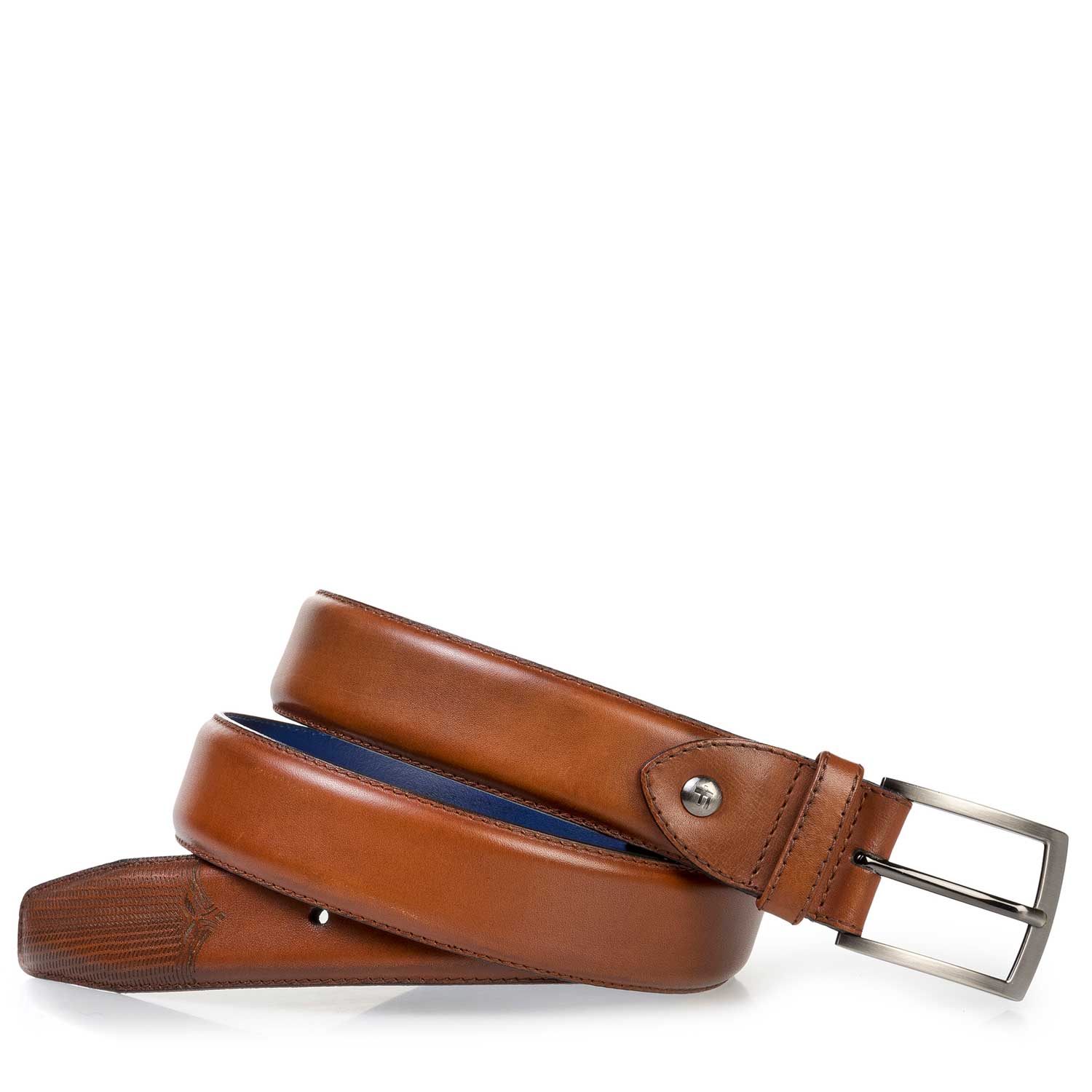 75197/00 - Kalfsleren riem donker cognac met lasering 75197/00 - Kalfsleren riem donker cognac met lasering