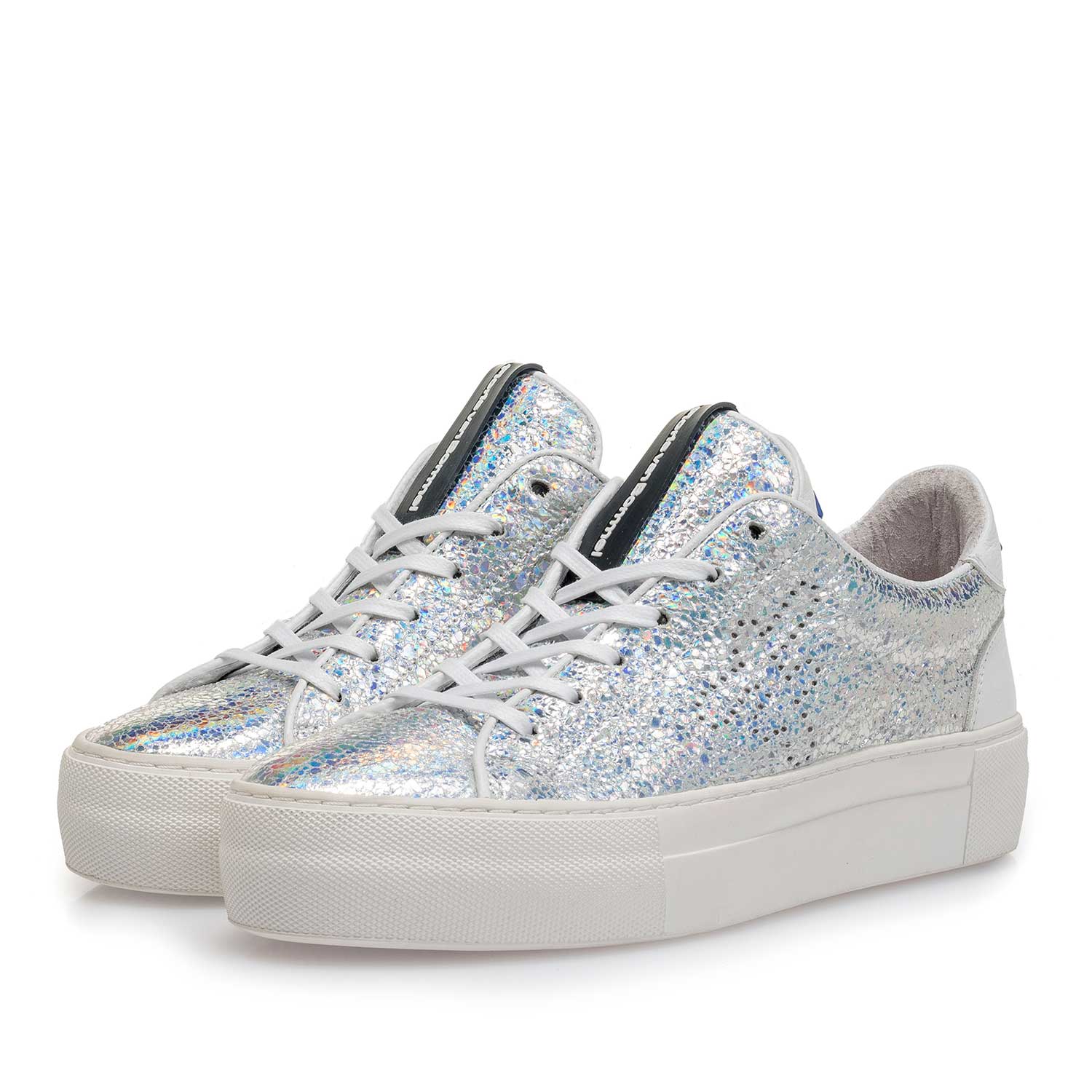 85266/00 - Zilveren metallic leren sneaker met craquelé effect 85266/00 - Zilveren metallic leren sneaker met craquelé effect
