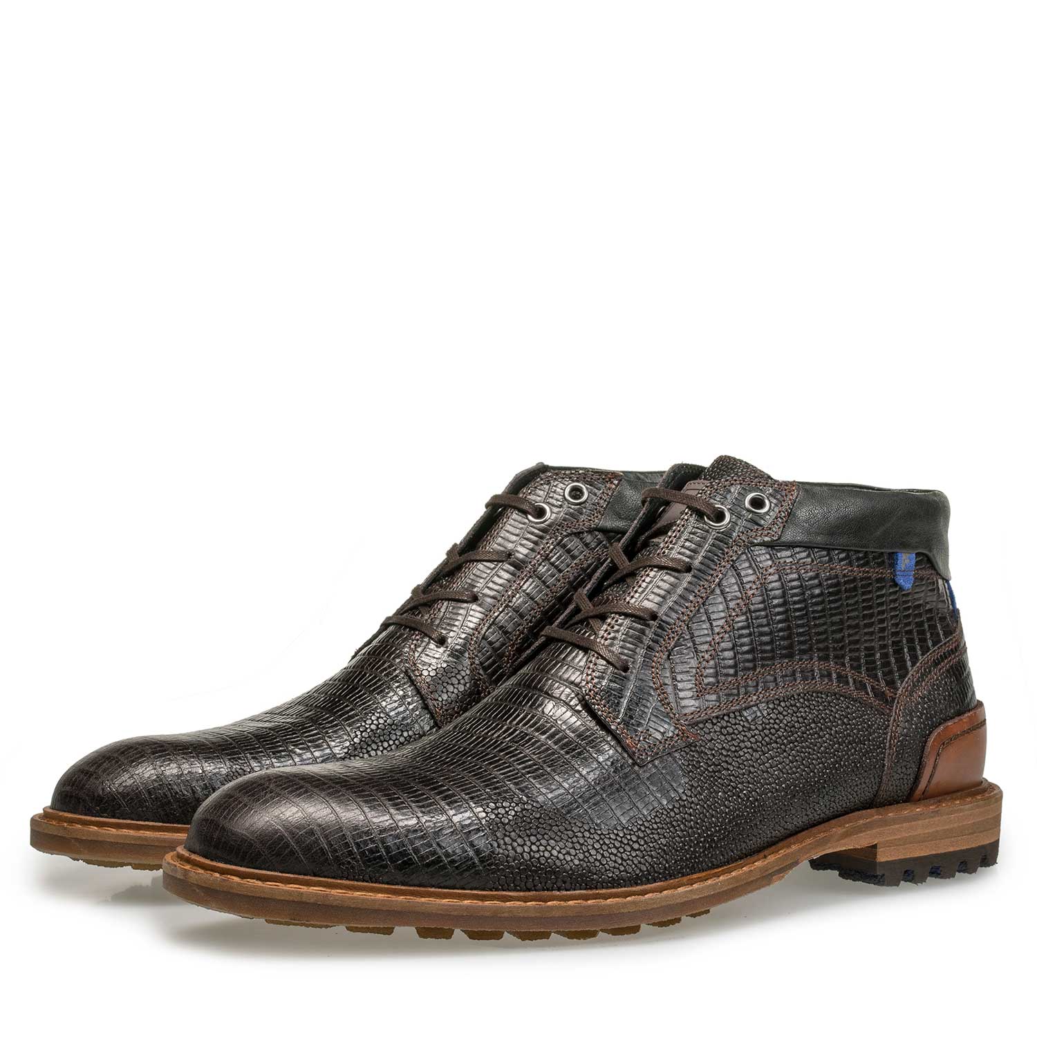 10228/02 - Donkerbruine leren veterboot met lizard print 10228/02 - Donkerbruine leren veterboot met lizard print