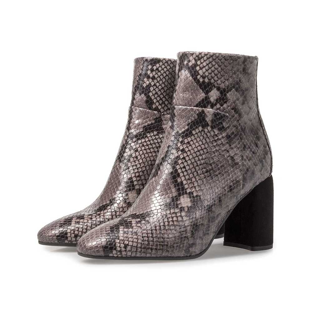 85624/02 - Donkergrijze leren enkellaars met snakeprint 85624/02 - Donkergrijze leren enkellaars met snakeprint