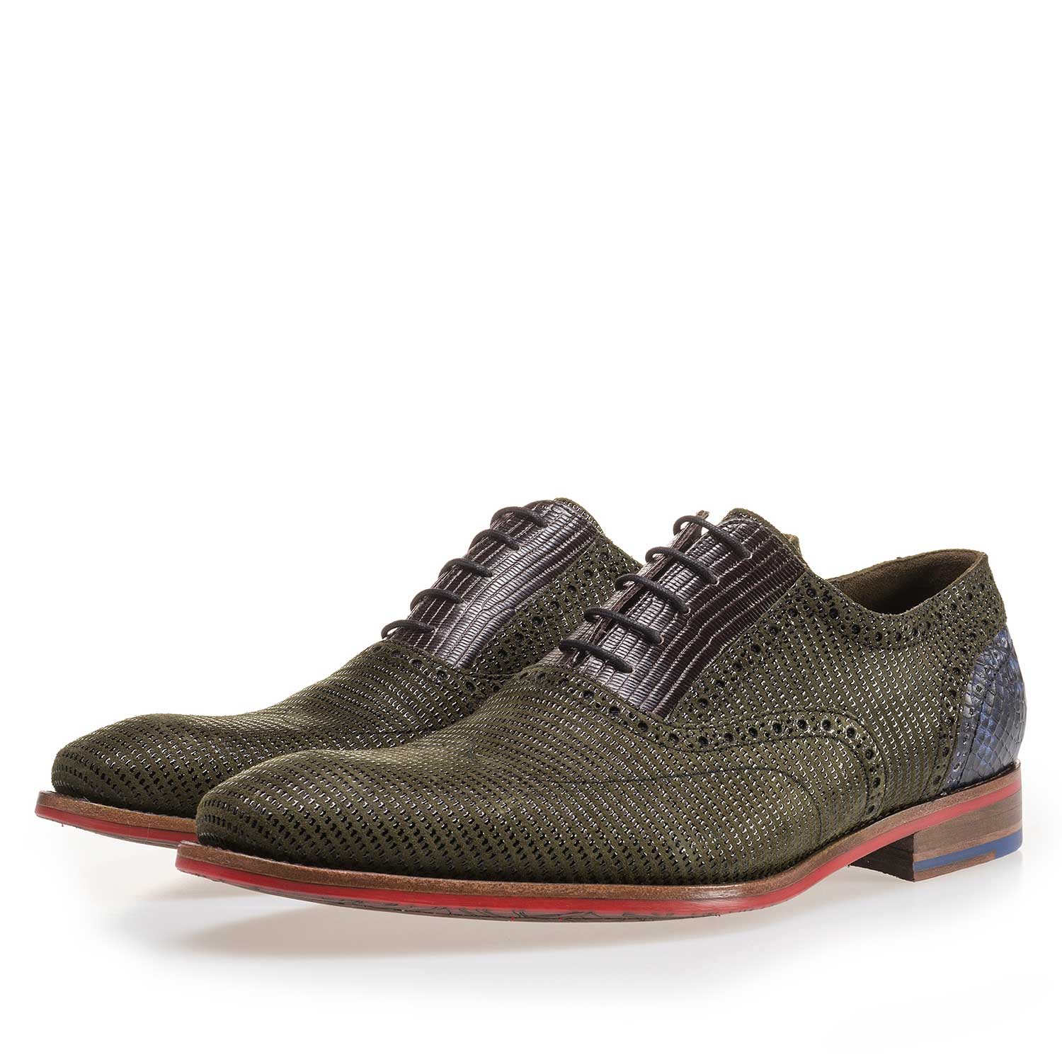 19114/08 - Olive green patterned suede leather lace shoe 19114/08 - Olive green patterned suede leather lace shoe