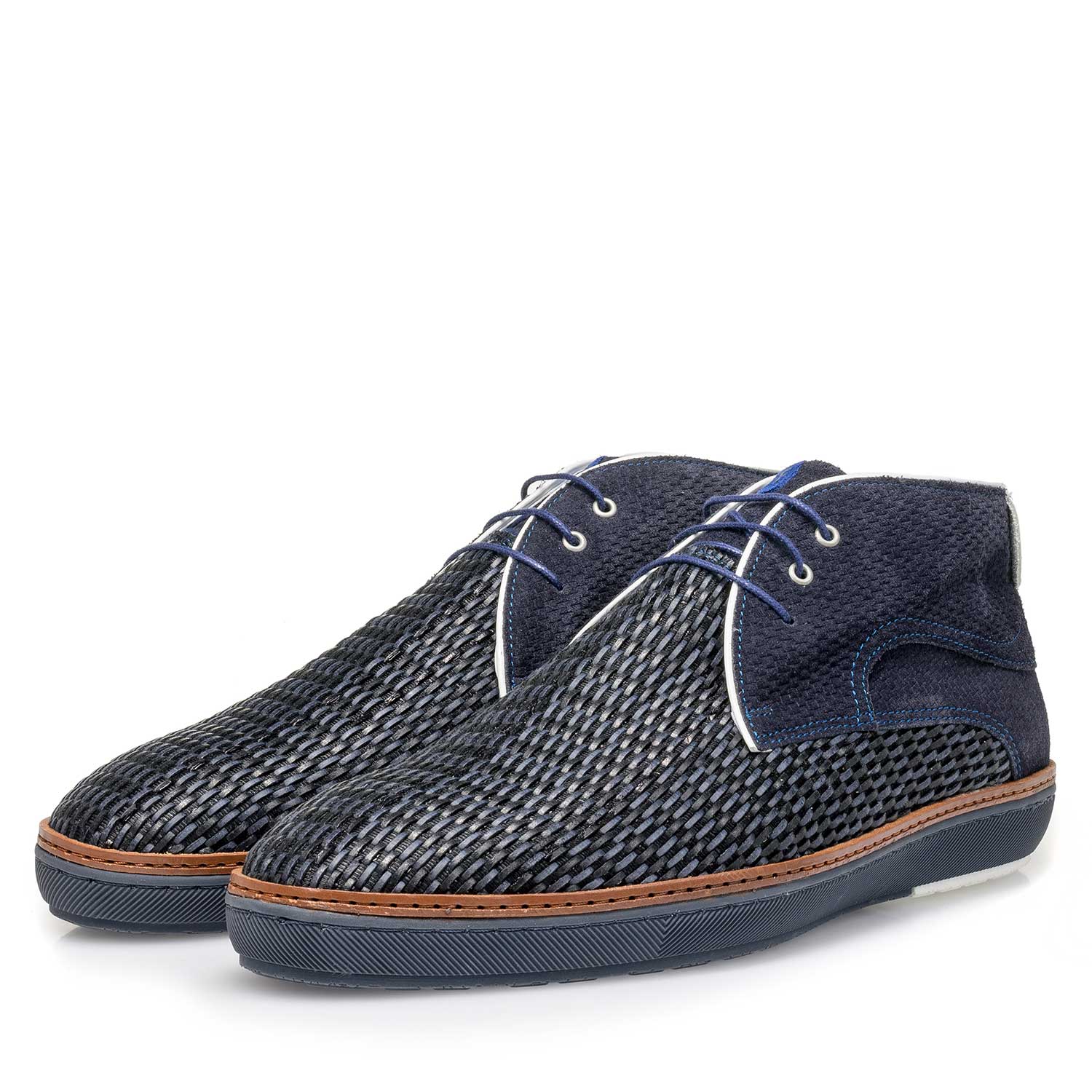 10015/11 - Blauwe gevlochten suède veterboot 10015/11 - Blauwe gevlochten suède veterboot